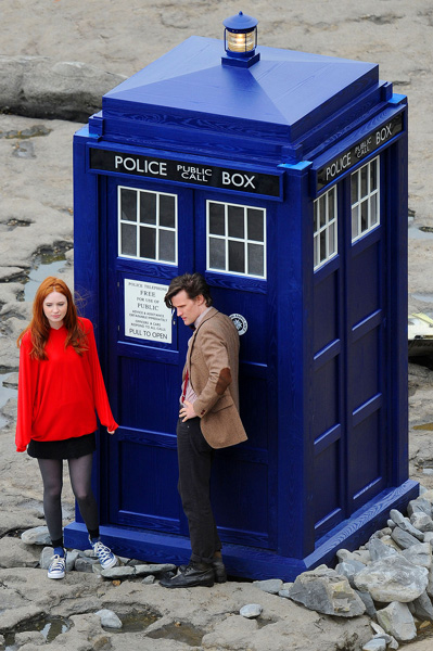 New Doctor Who Matt Smith with assistant Karen Gillan filming the new series of the BBC show on location on a beach in South Wales, 2009